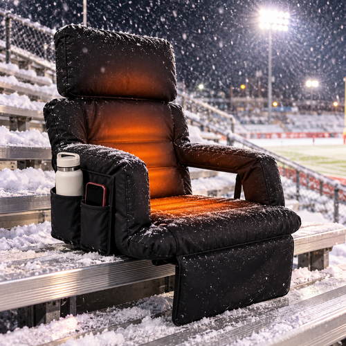Fire Seat heated stadium seat on snowy bleachers